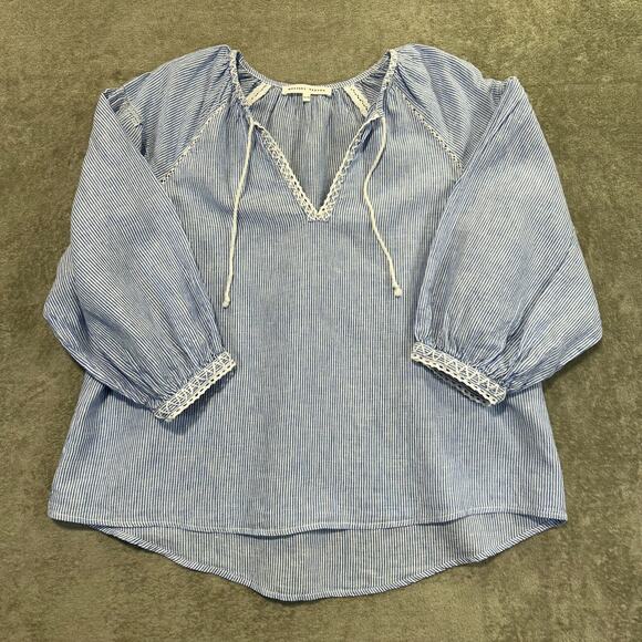 Melissa Nepton Olivia Blue & White Striped Peasant Top XL Crochet Boho Linen - Picture 1 of 10